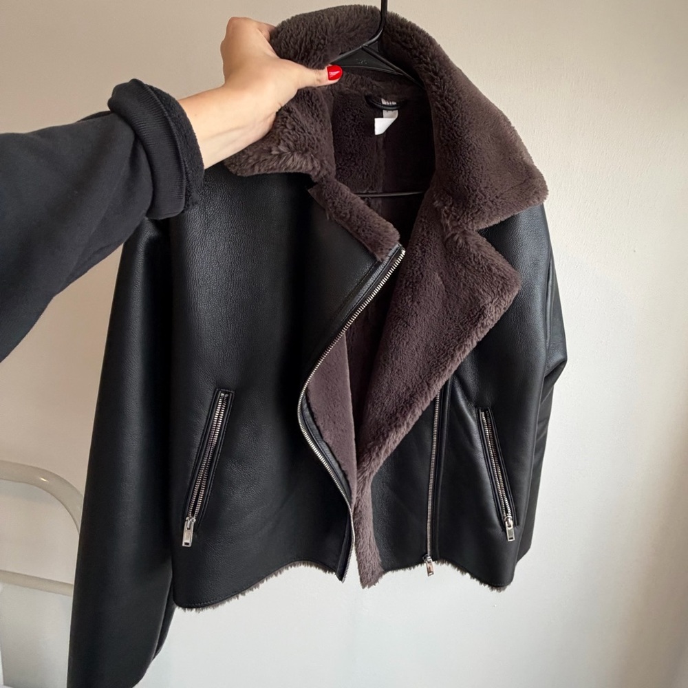 Biker jacket with shearling-effect lining